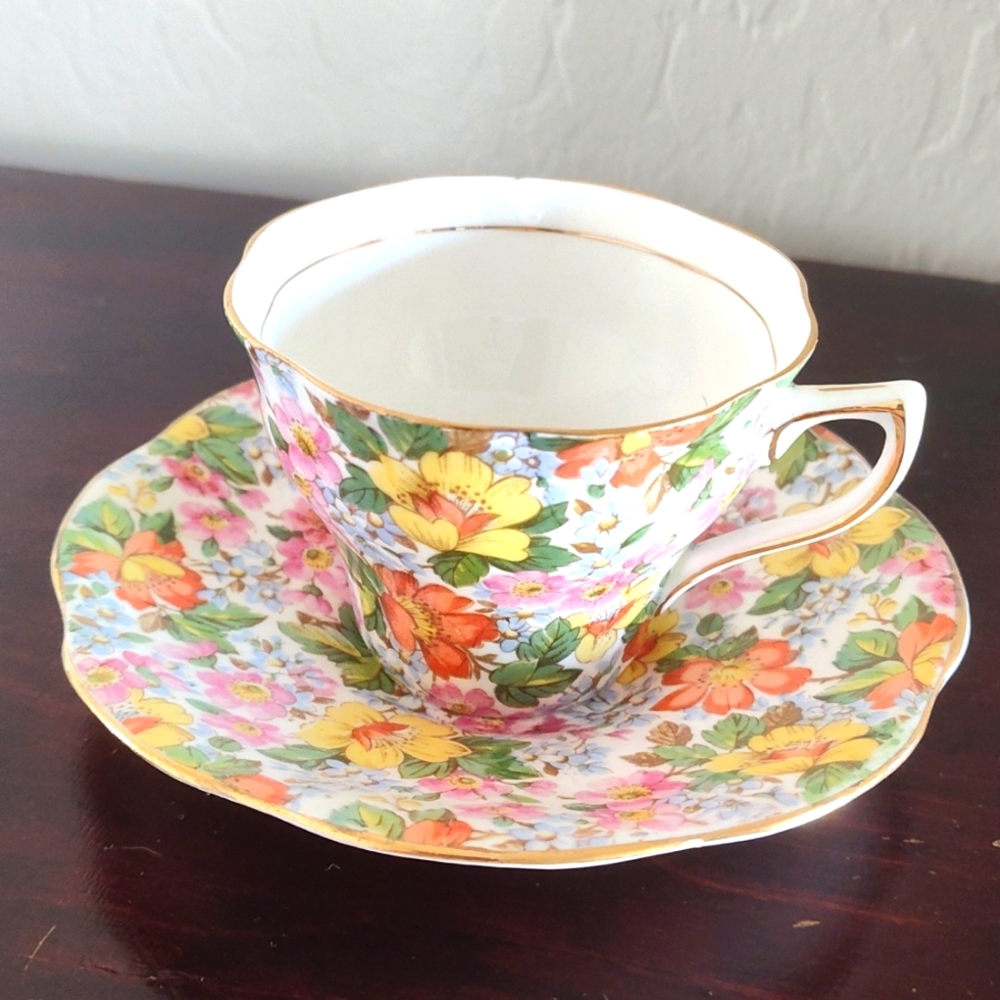 Rosina Transferware England Bone China Teacup and Saucer Floral Vintage Chintz